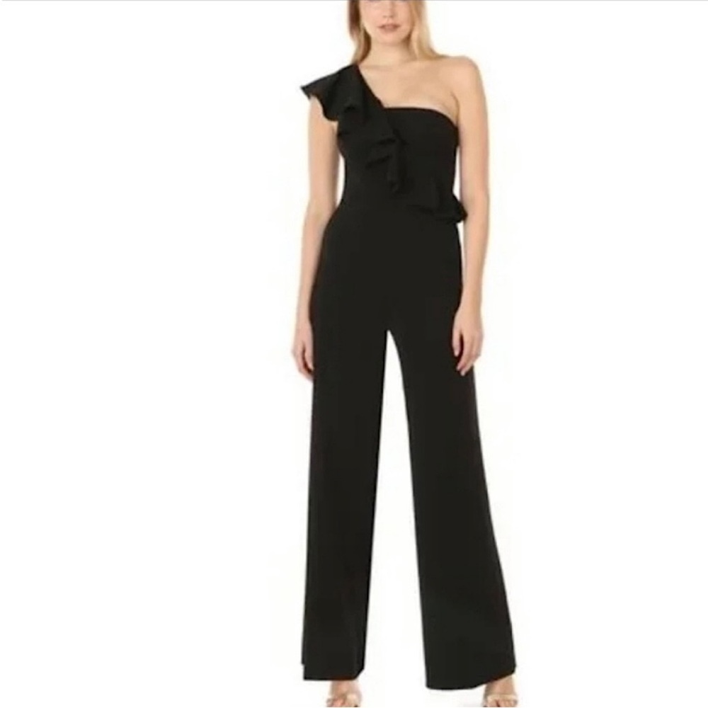 JAYGODFREY Hamilton One Shoulder Ruffle Black Wide Leg Classic‎ Jumpsuit Size 4 - Picture 2 of 16